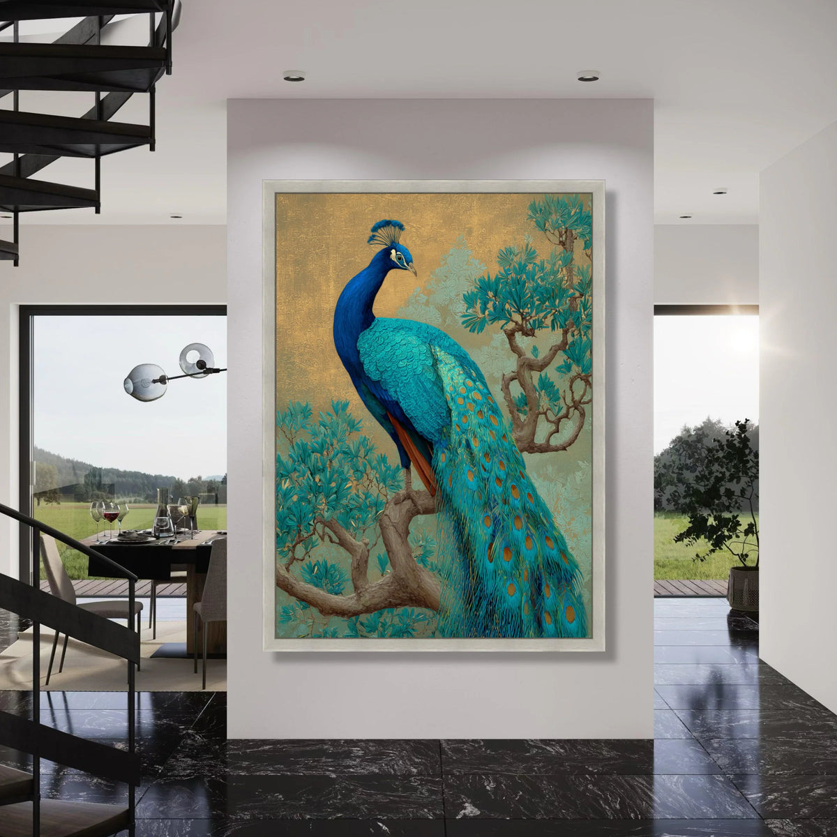 Majestic Peacock Perched Canvas, Vibrant Blue Bird Wall Art, Elegant Nature Scene, Tropical Wildlife Canvas, Home Decor Artwork Print Art