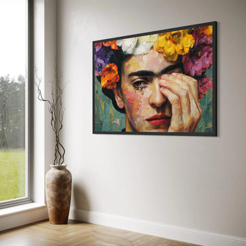 Emotional Portrait Canvas Wall Art, Woman with Flower Crown, Contemporary Face Painting, Colorful Home Decor, Artistic Expression Print Art