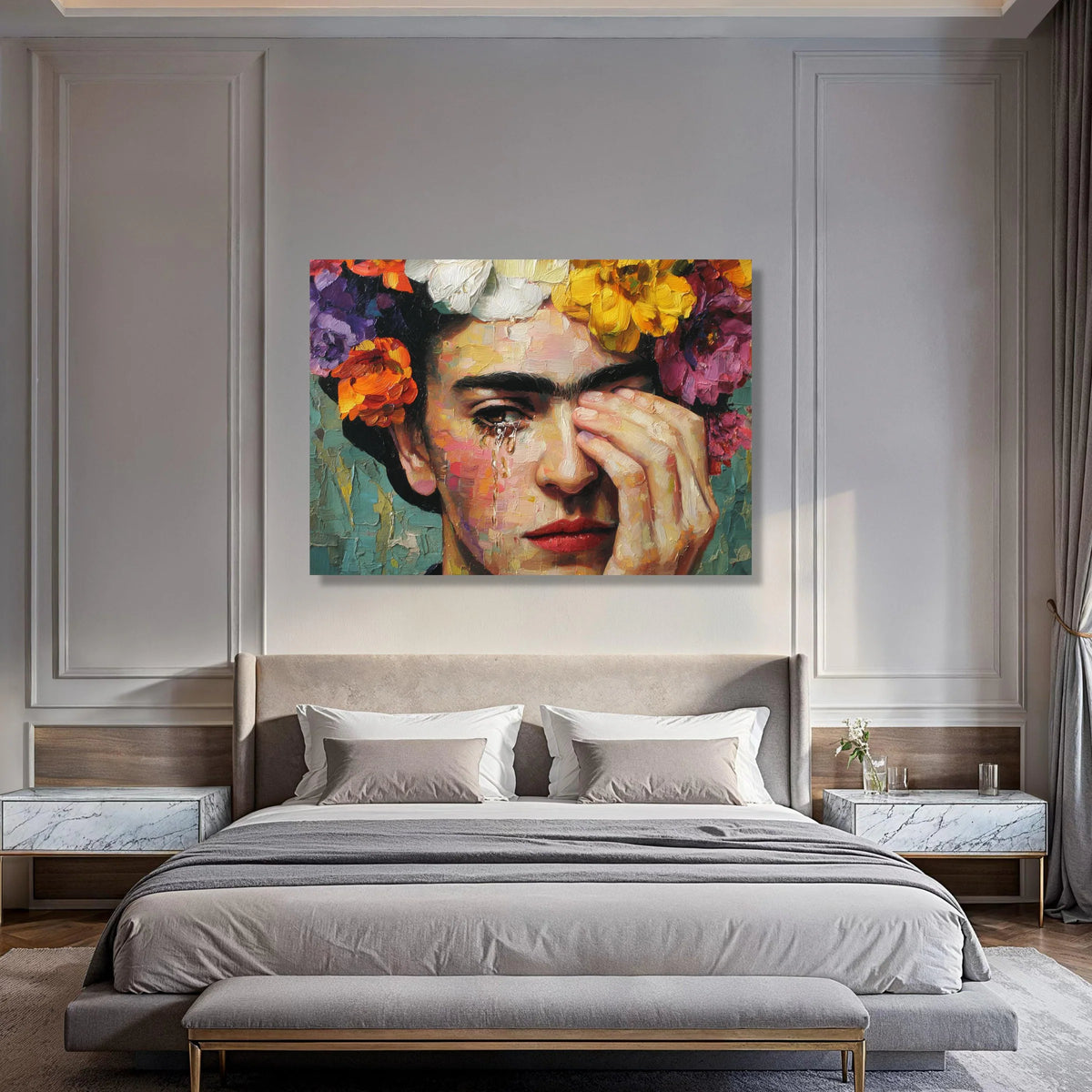 Emotional Portrait Canvas Wall Art, Woman with Flower Crown, Contemporary Face Painting, Colorful Home Decor, Artistic Expression Print Art