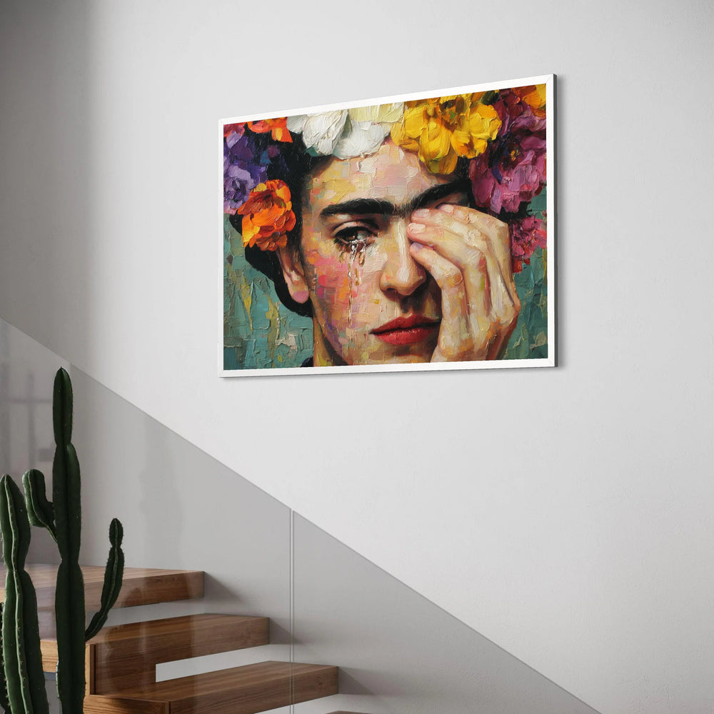 Emotional Portrait Canvas Wall Art, Woman with Flower Crown, Contemporary Face Painting, Colorful Home Decor, Artistic Expression Print Art