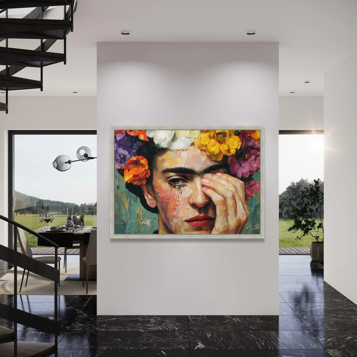 Emotional Portrait Canvas Wall Art, Woman with Flower Crown, Contemporary Face Painting, Colorful Home Decor, Artistic Expression Print Art