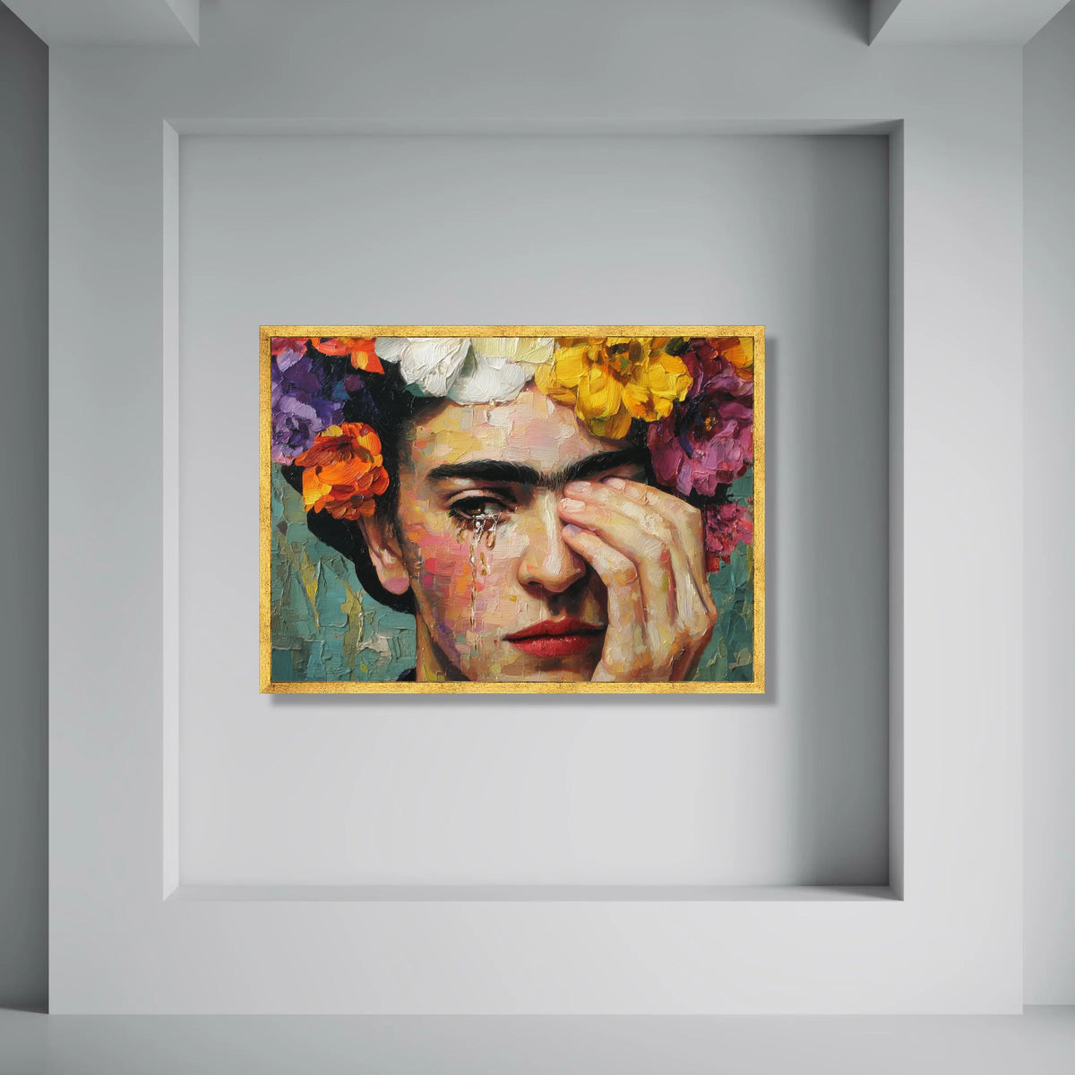 Emotional Portrait Canvas Wall Art, Woman with Flower Crown, Contemporary Face Painting, Colorful Home Decor, Artistic Expression Print Art