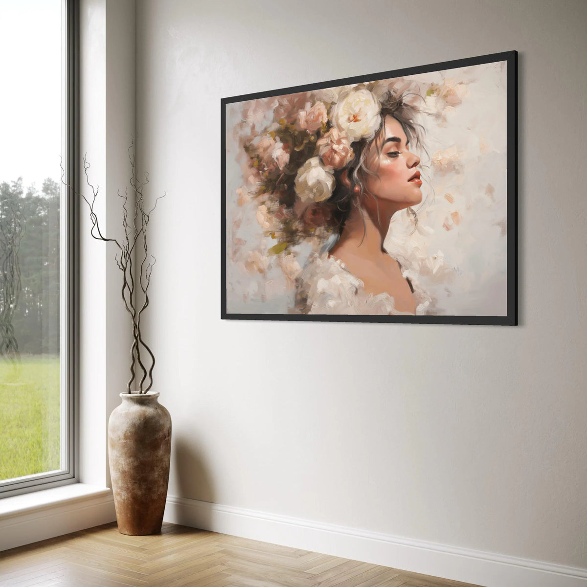 Elegant Woman Portrait Canvas, Floral Hair Design, Classic Beauty Wall Art, Soft Pastel Colors, Romantic Home Decoration Print Art