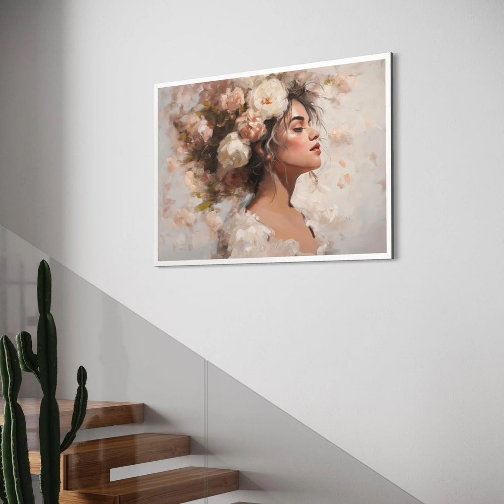 Elegant Woman Portrait Canvas, Floral Hair Design, Classic Beauty Wall Art, Soft Pastel Colors, Romantic Home Decoration Print Art