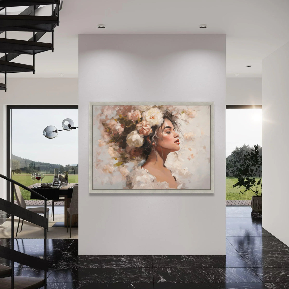 Elegant Woman Portrait Canvas, Floral Hair Design, Classic Beauty Wall Art, Soft Pastel Colors, Romantic Home Decoration Print Art