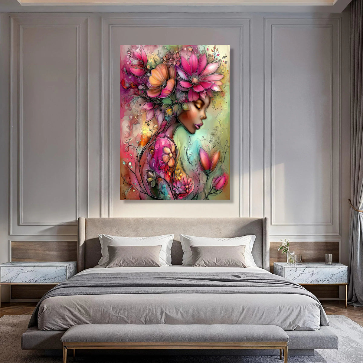 Elegant Floral Woman Portrait Canvas, Colorful Flower Art, Feminine Wall Decor, Blooming Garden Canvas, Soft Pastel Illustration, Print Art