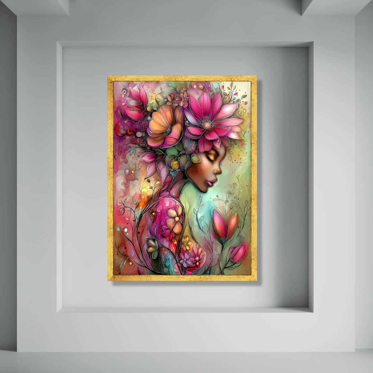 Elegant Floral Woman Portrait Canvas, Colorful Flower Art, Feminine Wall Decor, Blooming Garden Canvas, Soft Pastel Illustration, Print Art