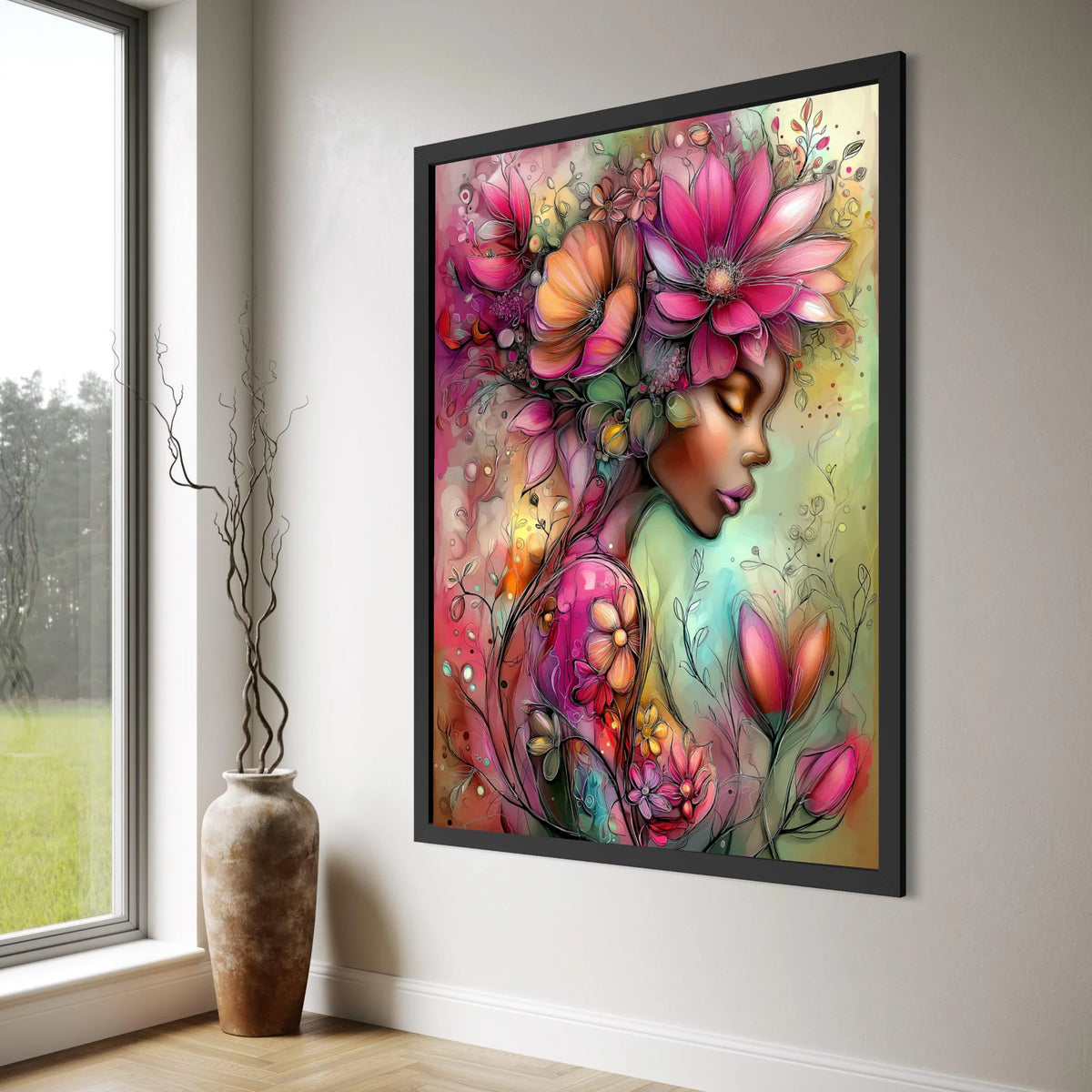 Elegant Floral Woman Portrait Canvas, Colorful Flower Art, Feminine Wall Decor, Blooming Garden Canvas, Soft Pastel Illustration, Print Art