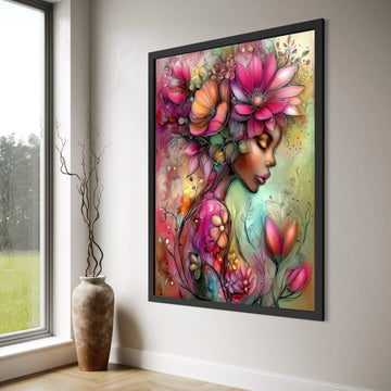 Elegant Floral Woman Portrait Canvas, Colorful Flower Art, Feminine Wall Decor, Blooming Garden Canvas, Soft Pastel Illustration, Print Art
