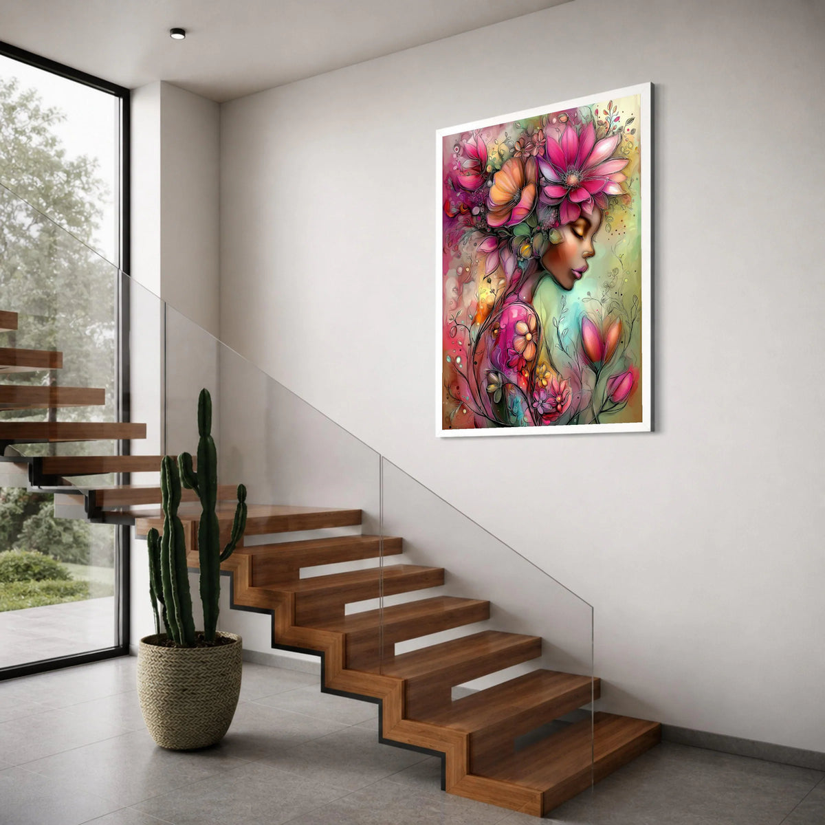 Elegant Floral Woman Portrait Canvas, Colorful Flower Art, Feminine Wall Decor, Blooming Garden Canvas, Soft Pastel Illustration, Print Art