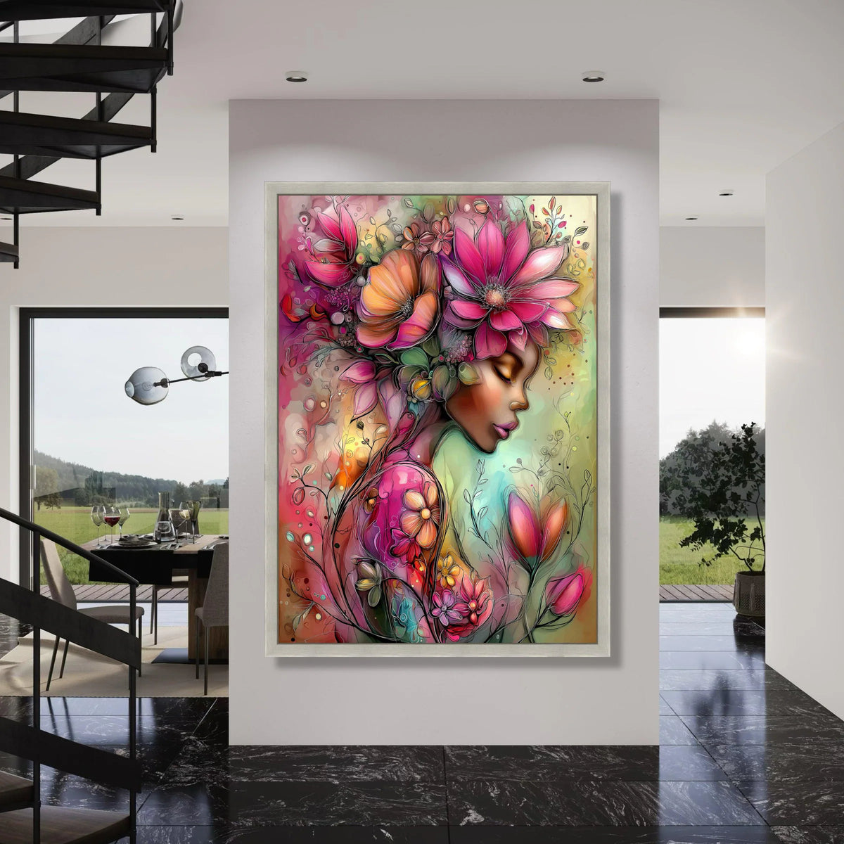 Elegant Floral Woman Portrait Canvas, Colorful Flower Art, Feminine Wall Decor, Blooming Garden Canvas, Soft Pastel Illustration, Print Art