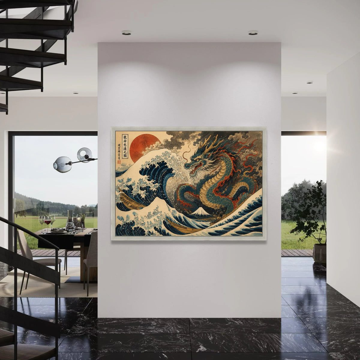 Mythical Dragon and Ocean Waves Canvas, Japanese Art Print, Mount Fuji Wall Art, Asian Fantasy Canvas, Traditional Illustration Print Art