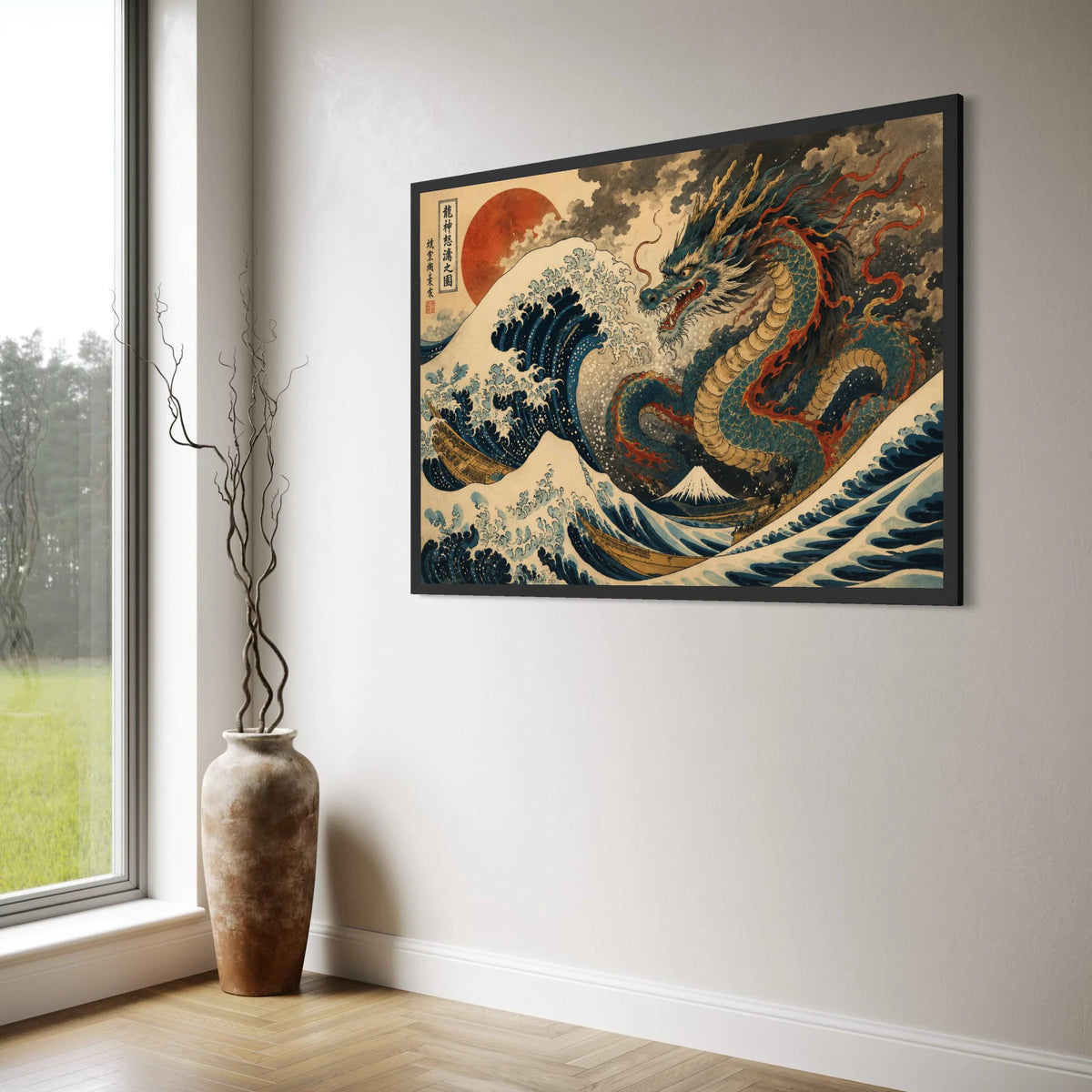 Mythical Dragon and Ocean Waves Canvas, Japanese Art Print, Mount Fuji Wall Art, Asian Fantasy Canvas, Traditional Illustration Print Art