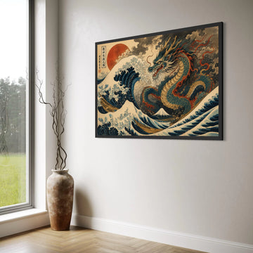 Mythical Dragon and Ocean Waves Canvas, Japanese Art Print, Mount Fuji Wall Art, Asian Fantasy Canvas, Traditional Illustration Print Art