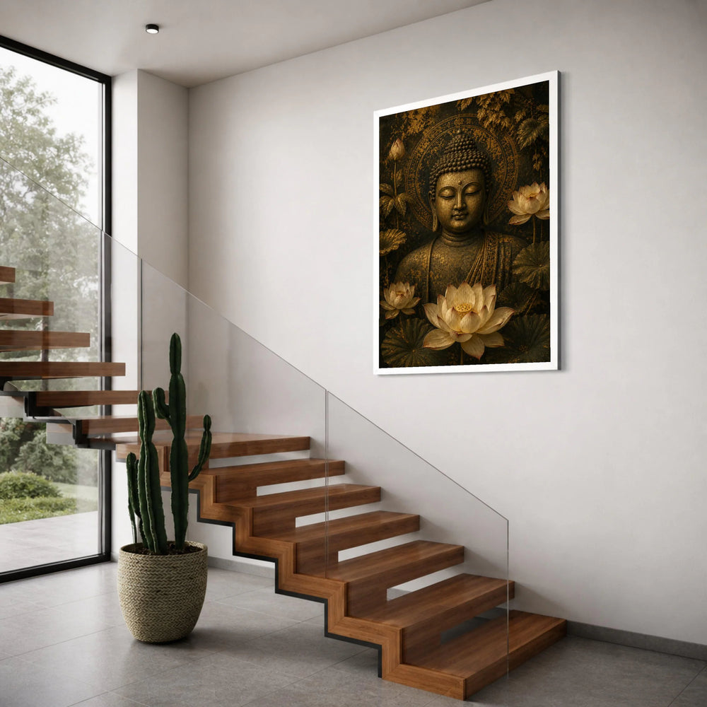 Buddha Statue Canvas Wall Art, Meditative Asian Decor, Lotus Flower Canvas, Zen Spiritual Home Decoration, Tranquil Buddha Print Art