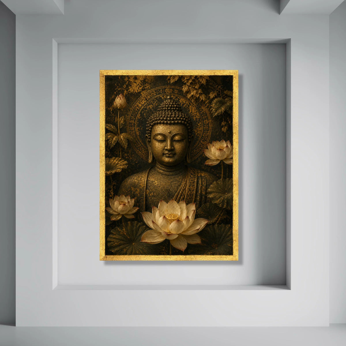 Buddha Statue Canvas Wall Art, Meditative Asian Decor, Lotus Flower Canvas, Zen Spiritual Home Decoration, Tranquil Buddha Print Art