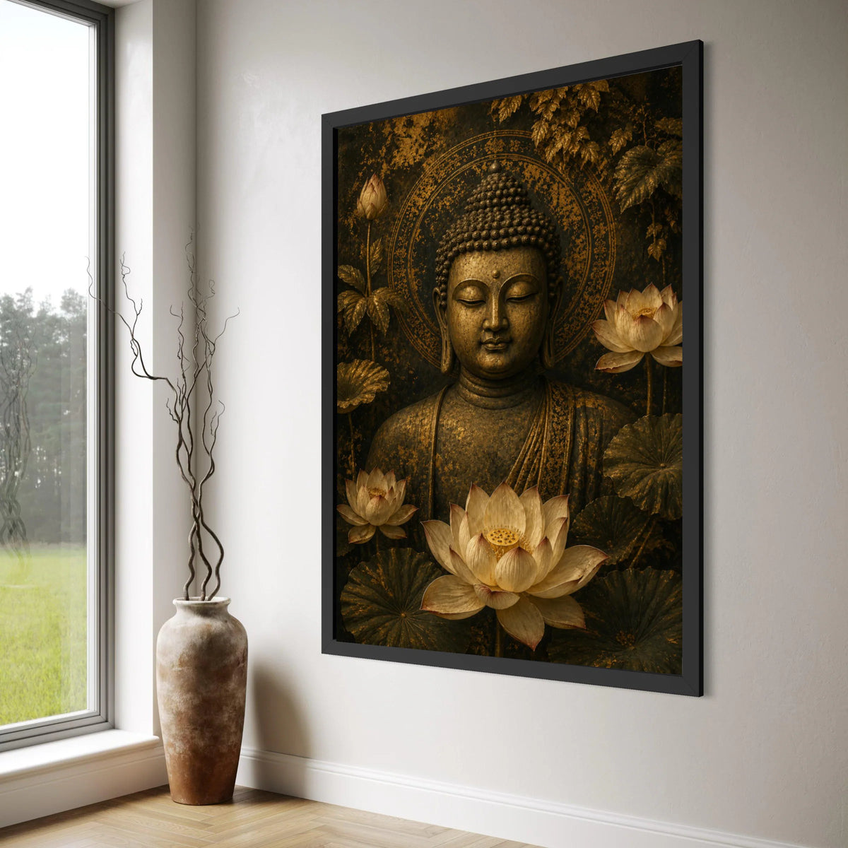Buddha Statue Canvas Wall Art, Meditative Asian Decor, Lotus Flower Canvas, Zen Spiritual Home Decoration, Tranquil Buddha Print Art