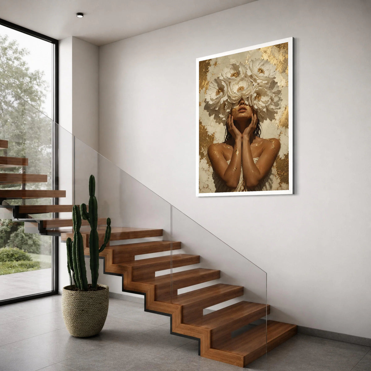 Woman with Blooming White Flowers, Golden Art Canvas, Floral Face Mask Wall Art, Elegant Female Portrait Canvas, Glamour Decor for Print Art