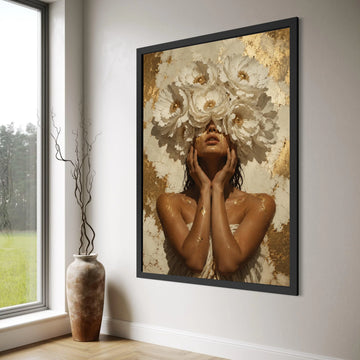 Woman with Blooming White Flowers, Golden Art Canvas, Floral Face Mask Wall Art, Elegant Female Portrait Canvas, Glamour Decor for Print Art