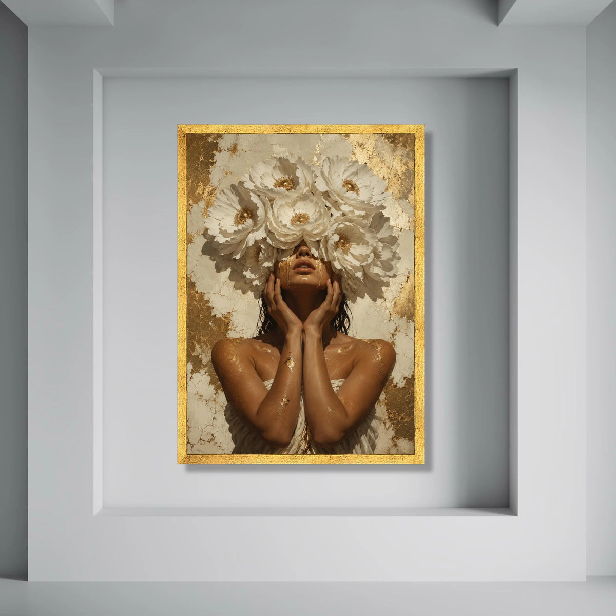 Woman with Blooming White Flowers, Golden Art Canvas, Floral Face Mask Wall Art, Elegant Female Portrait Canvas, Glamour Decor for Print Art