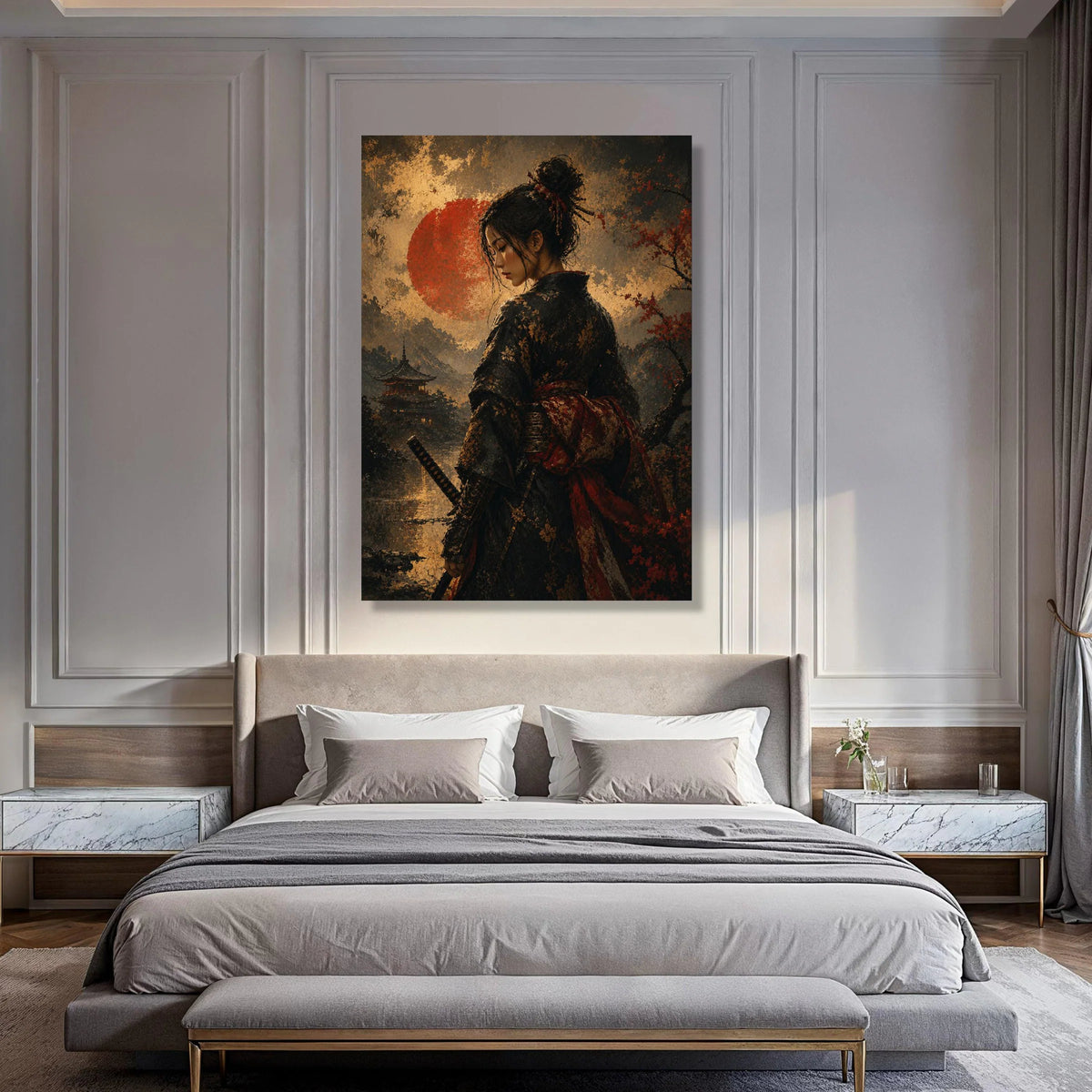 Elegant Samurai Woman Canvas, Traditional Kimono Art, Japanese Culture Wall Decor, Oriental Landscape Canvas, Asian Home Print Art