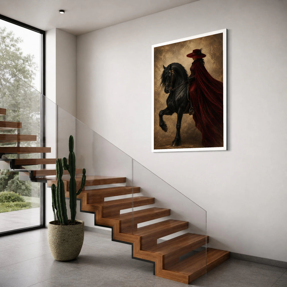 Elegant Woman Red Riding Cloak on Black Horse Canvas, Vintage Style Equestrian Portrait, Dramatic Home Wall Art Decoration Print Art