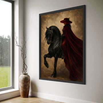Elegant Woman Red Riding Cloak on Black Horse Canvas, Vintage Style Equestrian Portrait, Dramatic Home Wall Art Decoration Print Art