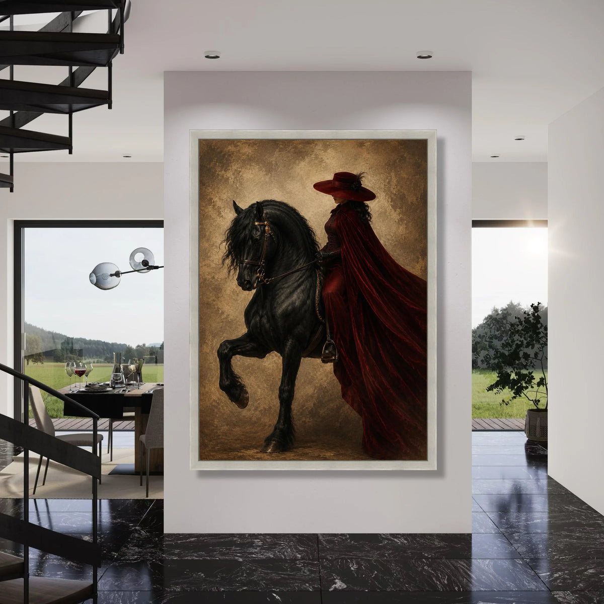 Elegant Woman Red Riding Cloak on Black Horse Canvas, Vintage Style Equestrian Portrait, Dramatic Home Wall Art Decoration Print Art
