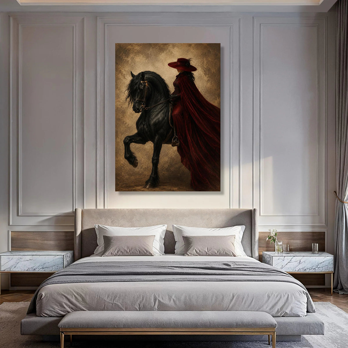 Elegant Woman Red Riding Cloak on Black Horse Canvas, Vintage Style Equestrian Portrait, Dramatic Home Wall Art Decoration Print Art