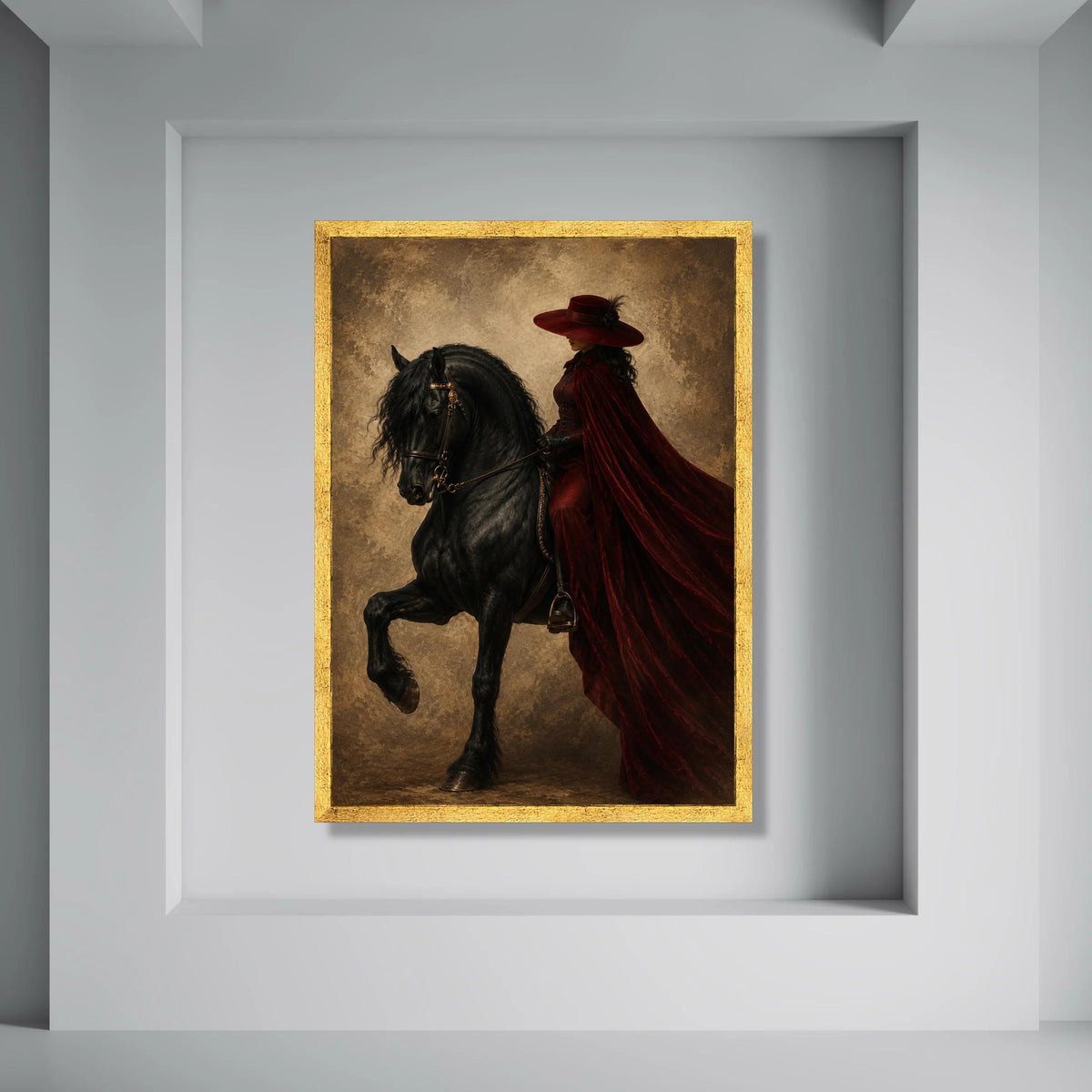 Elegant Woman Red Riding Cloak on Black Horse Canvas, Vintage Style Equestrian Portrait, Dramatic Home Wall Art Decoration Print Art