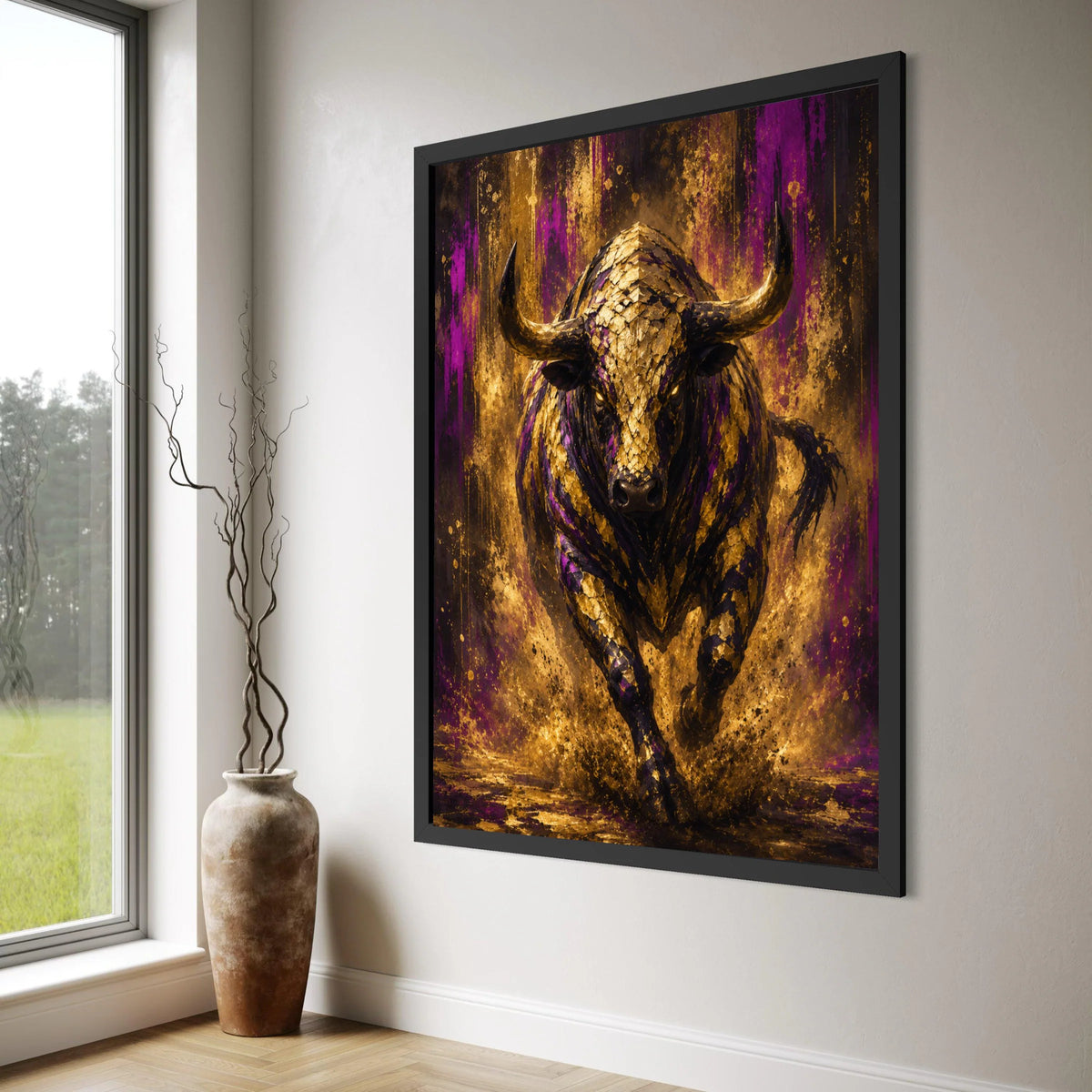 Mighty Charging Bull Canvas Wall Art, Golden Purple Abstract Animal Painting, Bold Modern Home Decoration, Statement Wildlife Print Art