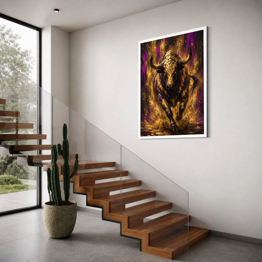 Mighty Charging Bull Canvas Wall Art, Golden Purple Abstract Animal Painting, Bold Modern Home Decoration, Statement Wildlife Print Art