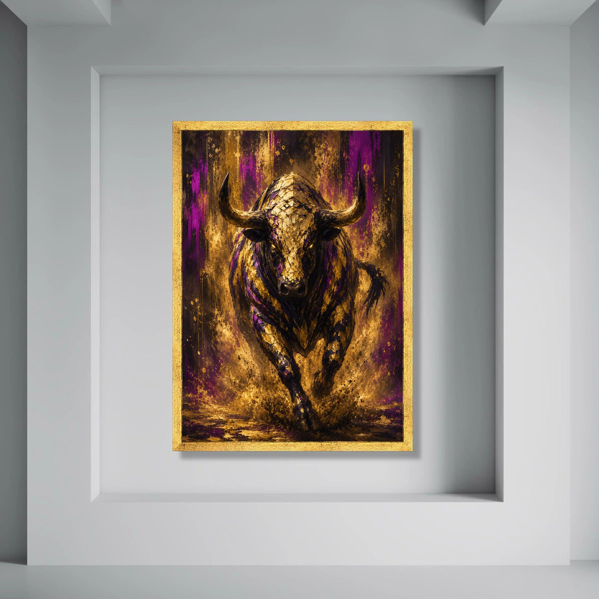 Mighty Charging Bull Canvas Wall Art, Golden Purple Abstract Animal Painting, Bold Modern Home Decoration, Statement Wildlife Print Art