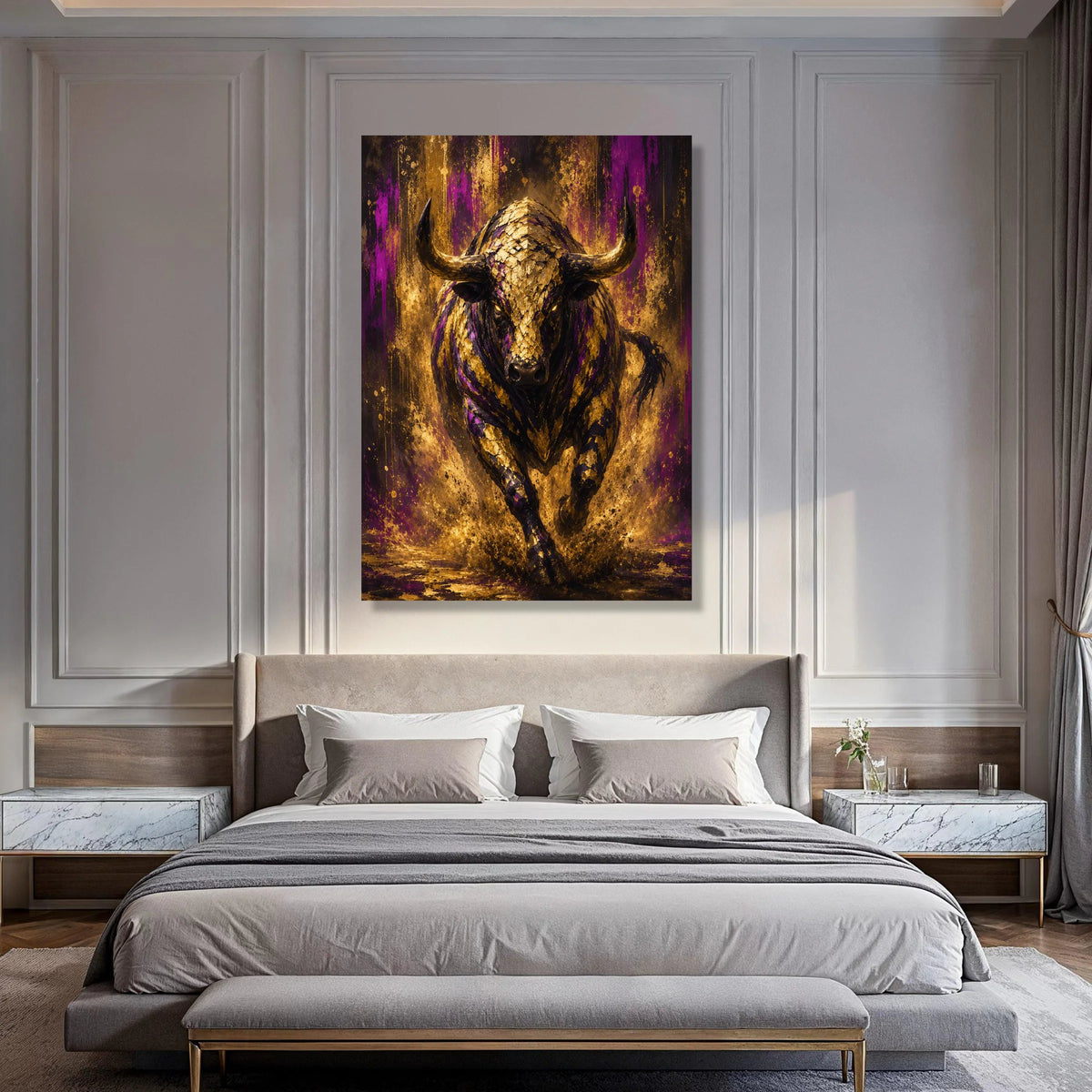 Mighty Charging Bull Canvas Wall Art, Golden Purple Abstract Animal Painting, Bold Modern Home Decoration, Statement Wildlife Print Art