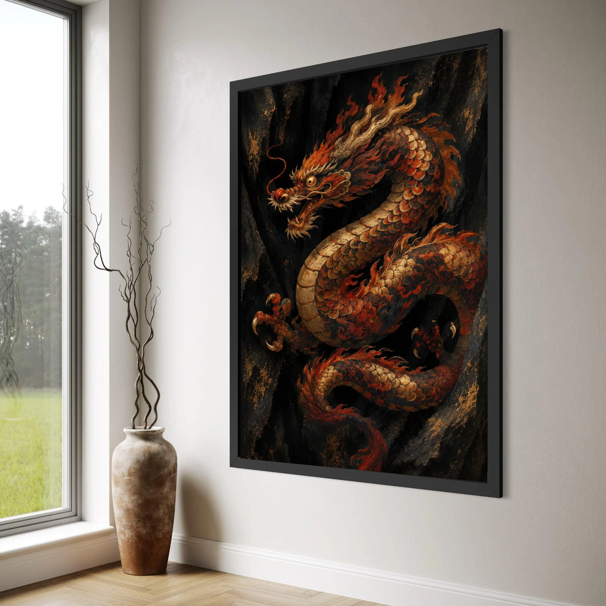 Fiery Asian Dragon Canvas Wall Art, Traditional Mythical Creature, Oriental Decor, Bold Red and Gold Art, Dramatic Fantasy Print Art
