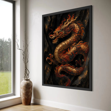 Fiery Asian Dragon Canvas Wall Art, Traditional Mythical Creature, Oriental Decor, Bold Red and Gold Art, Dramatic Fantasy Print Art