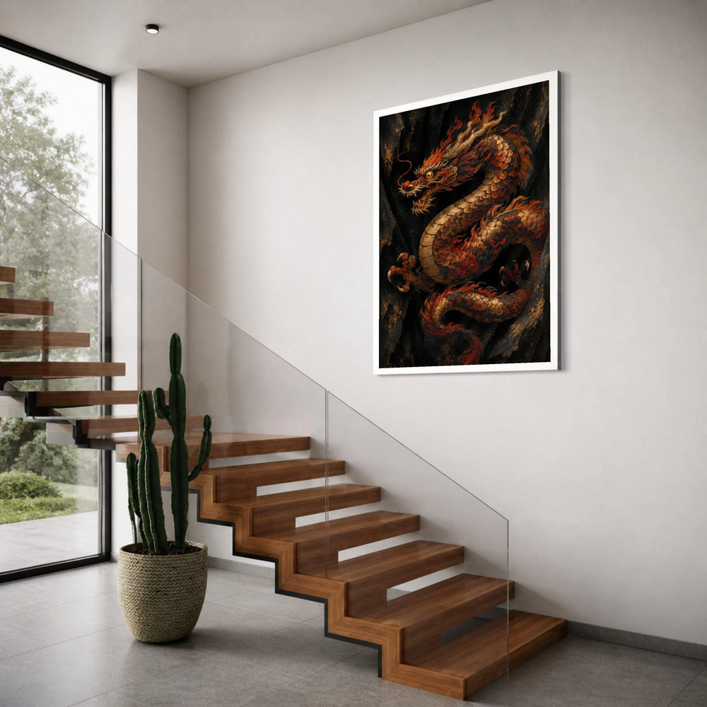 Fiery Asian Dragon Canvas Wall Art, Traditional Mythical Creature, Oriental Decor, Bold Red and Gold Art, Dramatic Fantasy Print Art