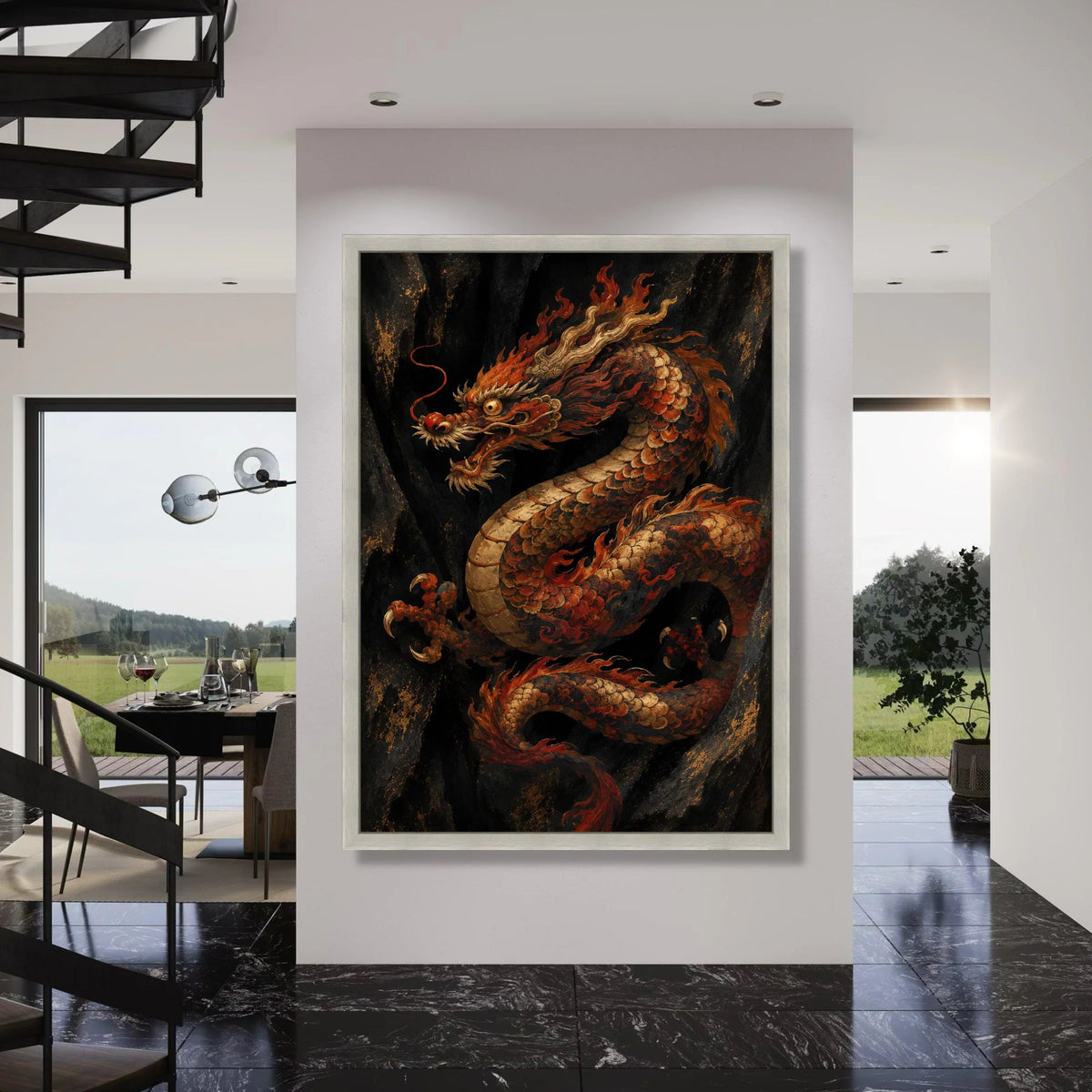 Fiery Asian Dragon Canvas Wall Art, Traditional Mythical Creature, Oriental Decor, Bold Red and Gold Art, Dramatic Fantasy Print Art