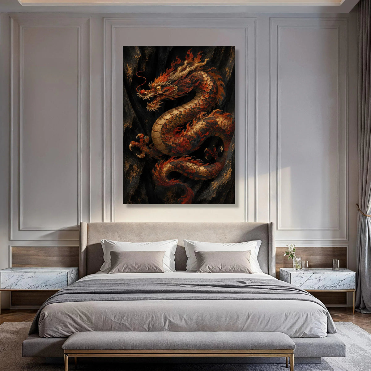 Fiery Asian Dragon Canvas Wall Art, Traditional Mythical Creature, Oriental Decor, Bold Red and Gold Art, Dramatic Fantasy Print Art