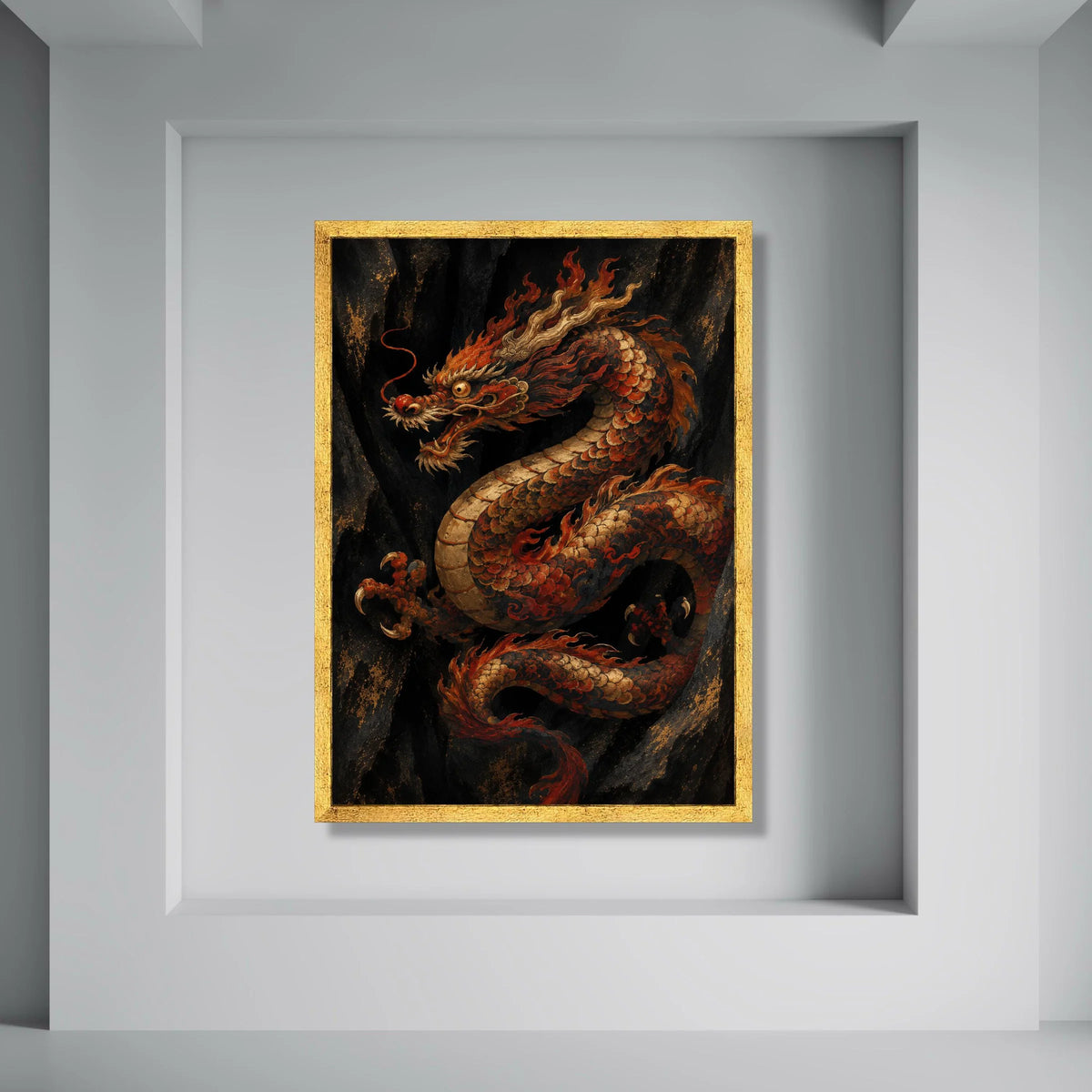 Fiery Asian Dragon Canvas Wall Art, Traditional Mythical Creature, Oriental Decor, Bold Red and Gold Art, Dramatic Fantasy Print Art