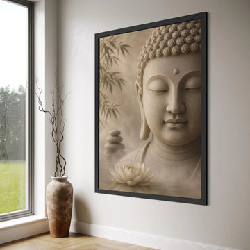 Tranquil Buddha Head Canvas, Zen Meditation Wall Art, Lotus Flower and Bamboo Decor, Spiritual Calmness Canvas for Home Print Art
