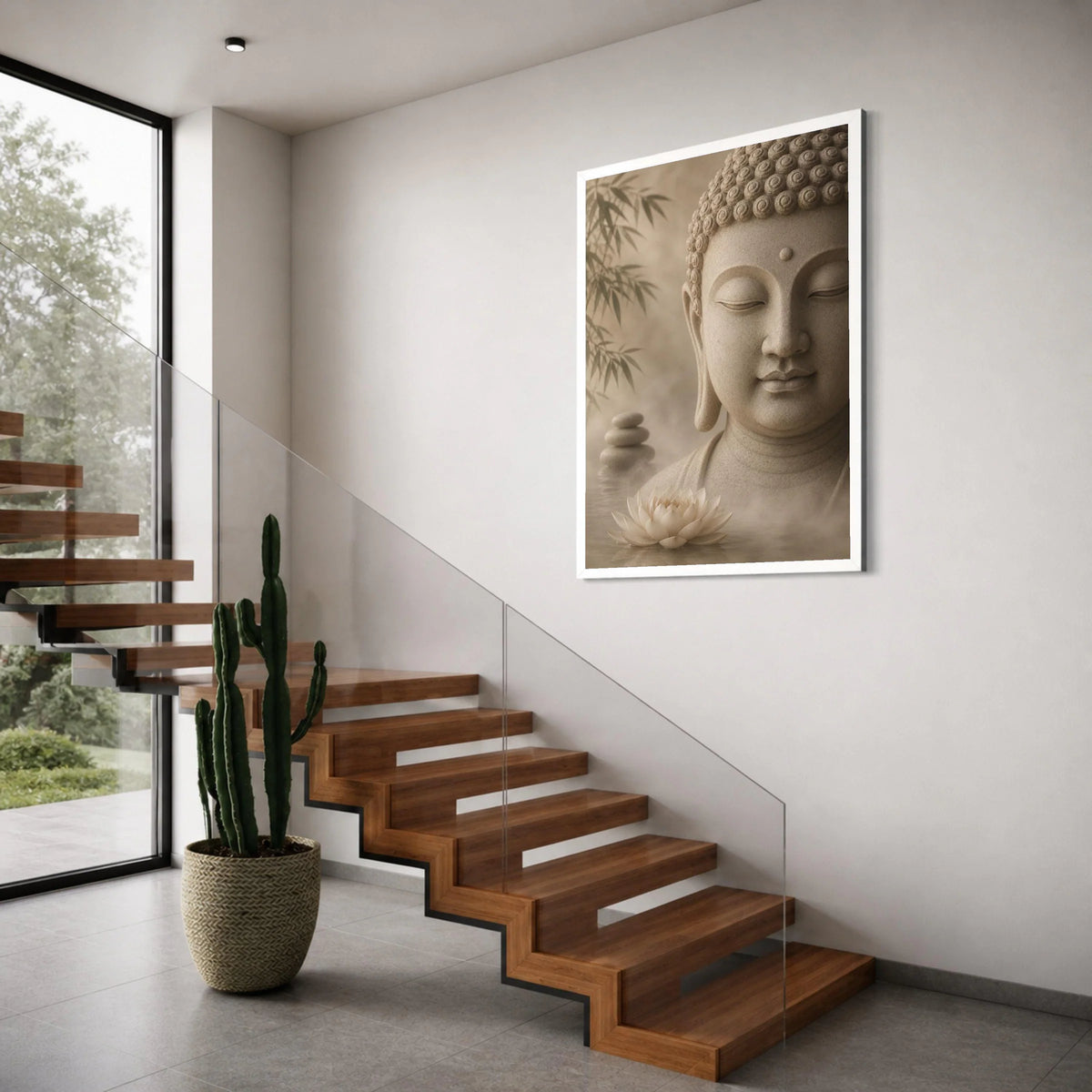 Tranquil Buddha Head Canvas, Zen Meditation Wall Art, Lotus Flower and Bamboo Decor, Spiritual Calmness Canvas for Home Print Art