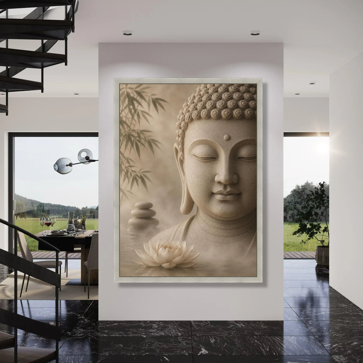 Tranquil Buddha Head Canvas, Zen Meditation Wall Art, Lotus Flower and Bamboo Decor, Spiritual Calmness Canvas for Home Print Art