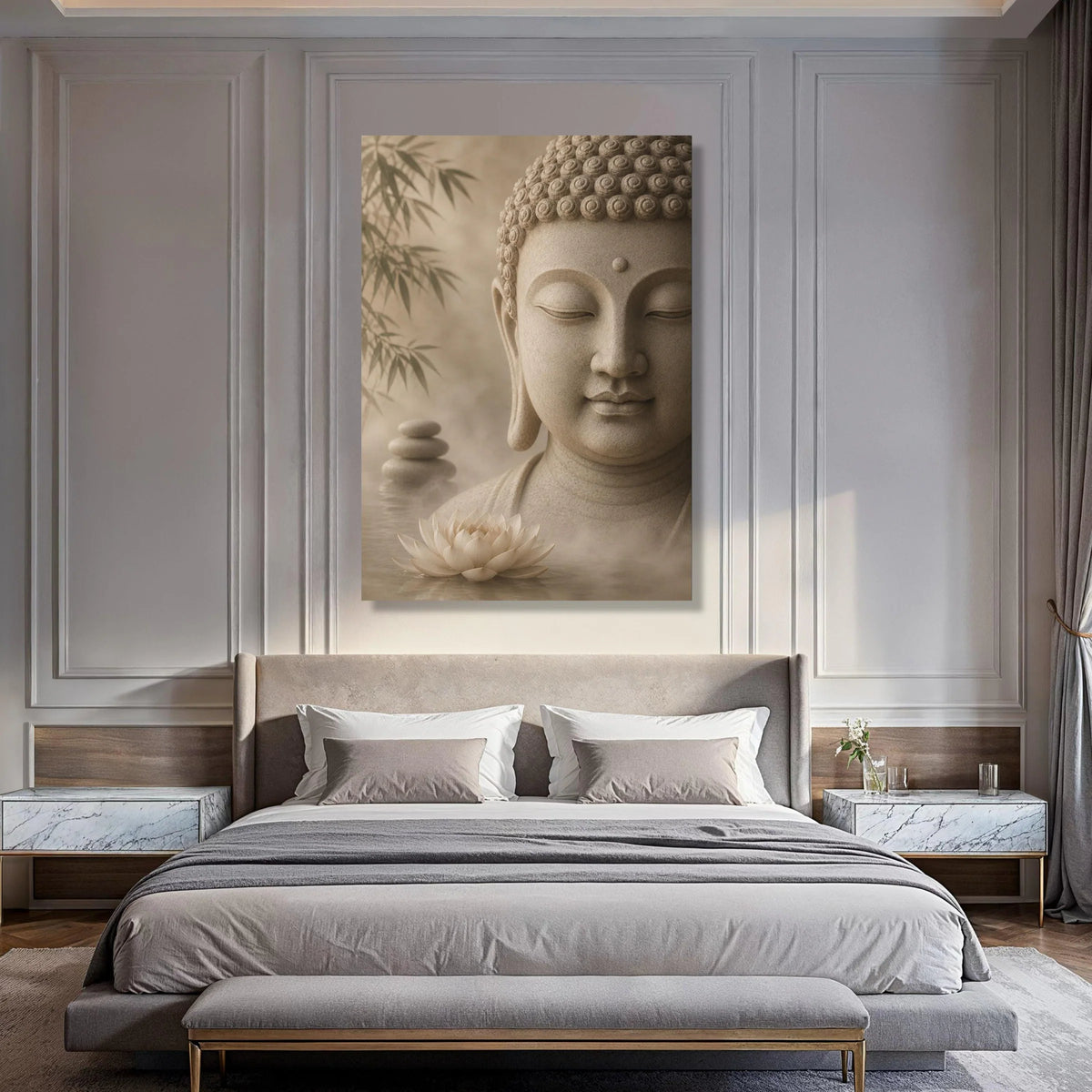 Tranquil Buddha Head Canvas, Zen Meditation Wall Art, Lotus Flower and Bamboo Decor, Spiritual Calmness Canvas for Home Print Art