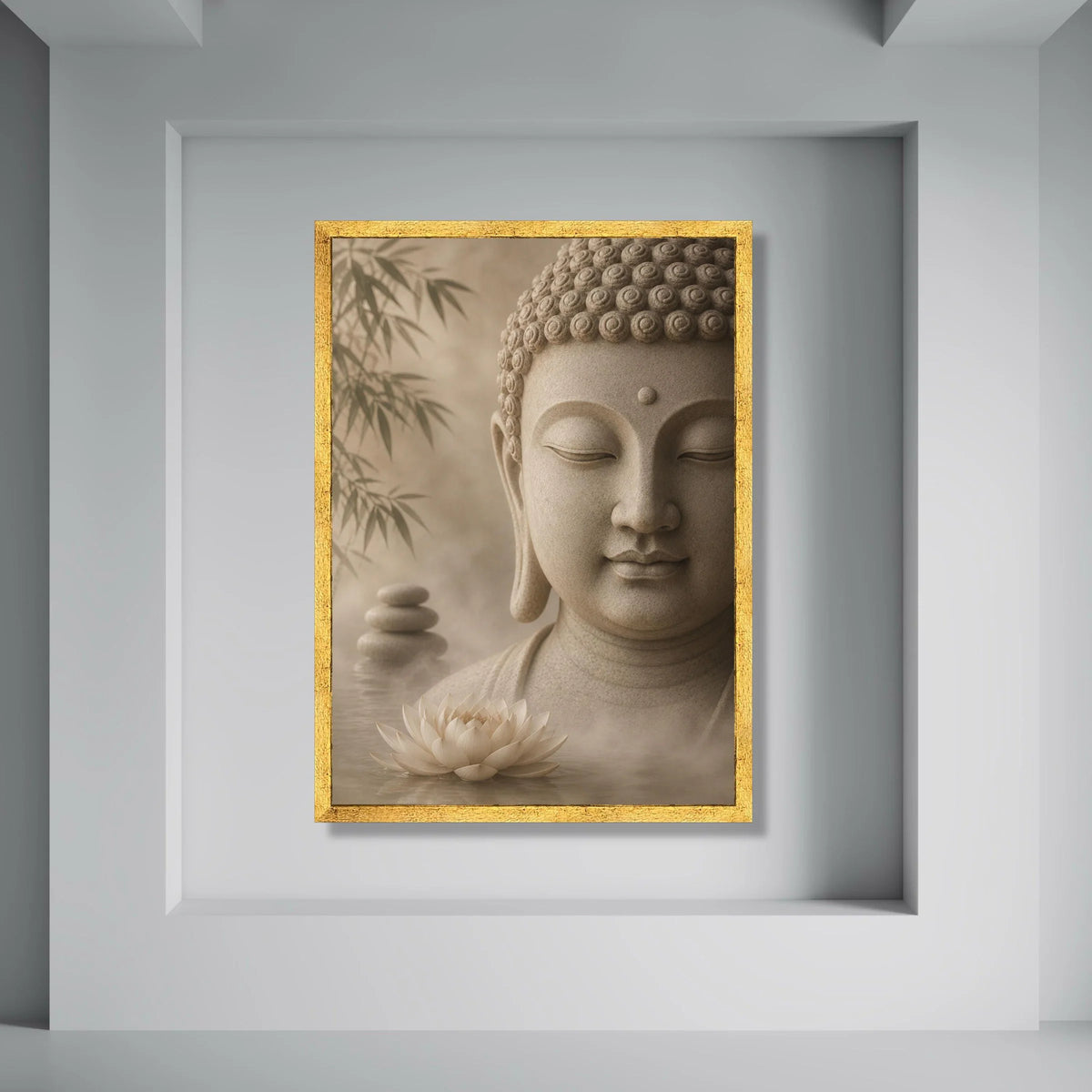 Tranquil Buddha Head Canvas, Zen Meditation Wall Art, Lotus Flower and Bamboo Decor, Spiritual Calmness Canvas for Home Print Art