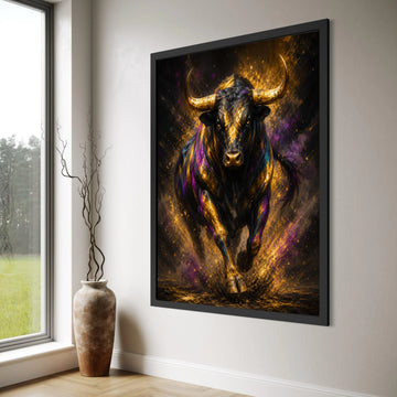 Majestic Running Bull Canvas Wall Art, Golden Black Animal Print, Bold Abstract Wildlife Canvas, Modern Home Decor, Statement Wall Print Art