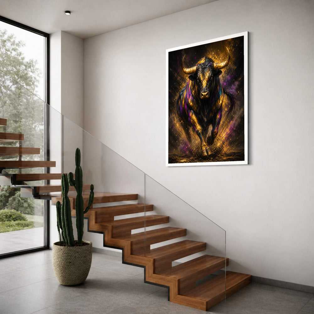 Majestic Running Bull Canvas Wall Art, Golden Black Animal Print, Bold Abstract Wildlife Canvas, Modern Home Decor, Statement Wall Print Art