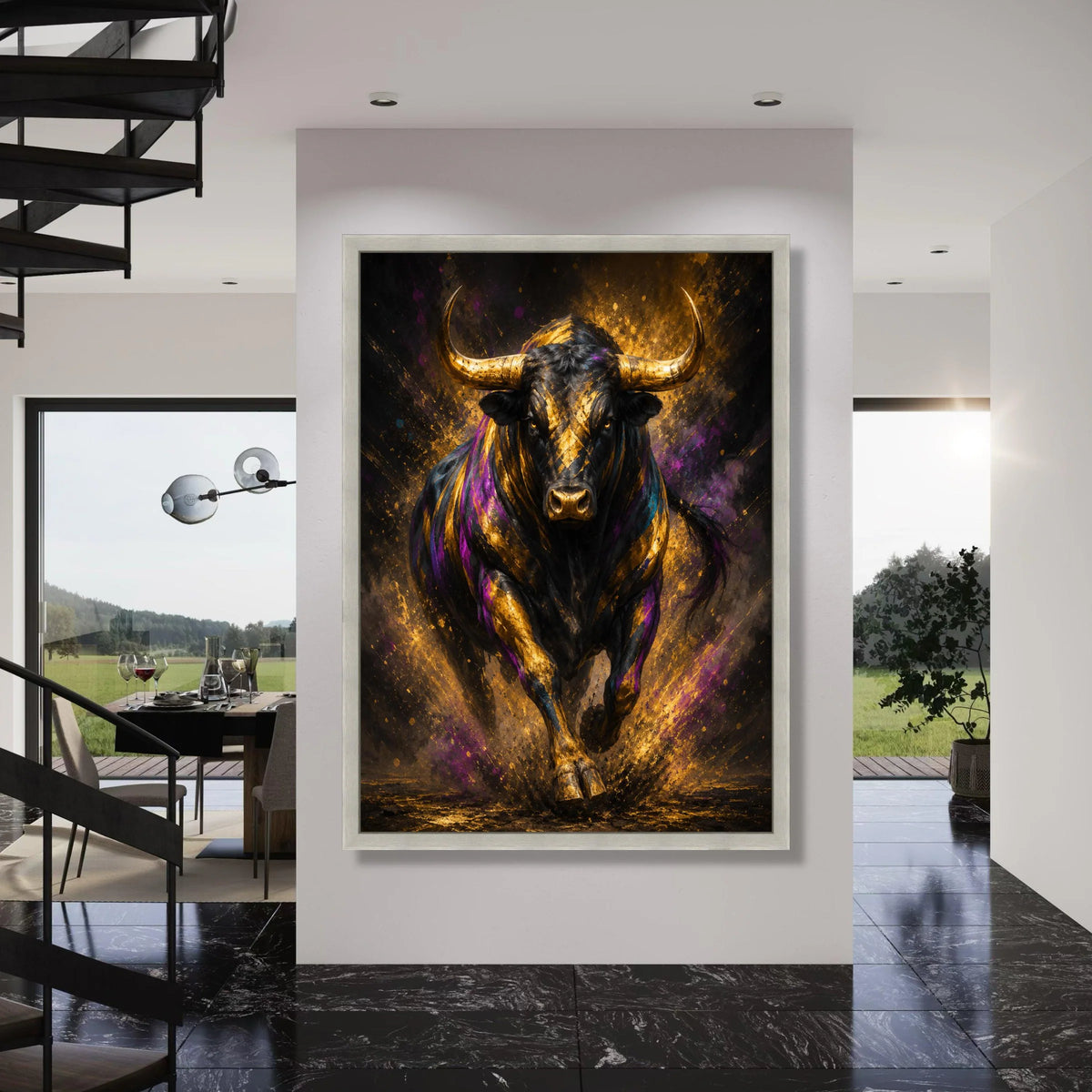 Majestic Running Bull Canvas Wall Art, Golden Black Animal Print, Bold Abstract Wildlife Canvas, Modern Home Decor, Statement Wall Print Art