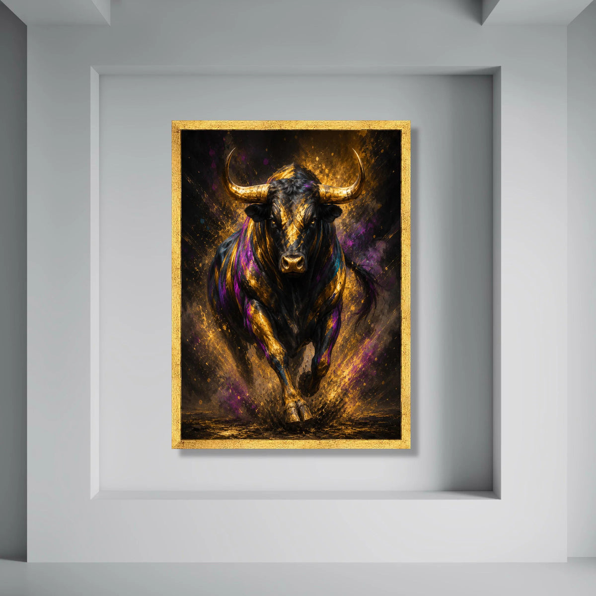 Majestic Running Bull Canvas Wall Art, Golden Black Animal Print, Bold Abstract Wildlife Canvas, Modern Home Decor, Statement Wall Print Art