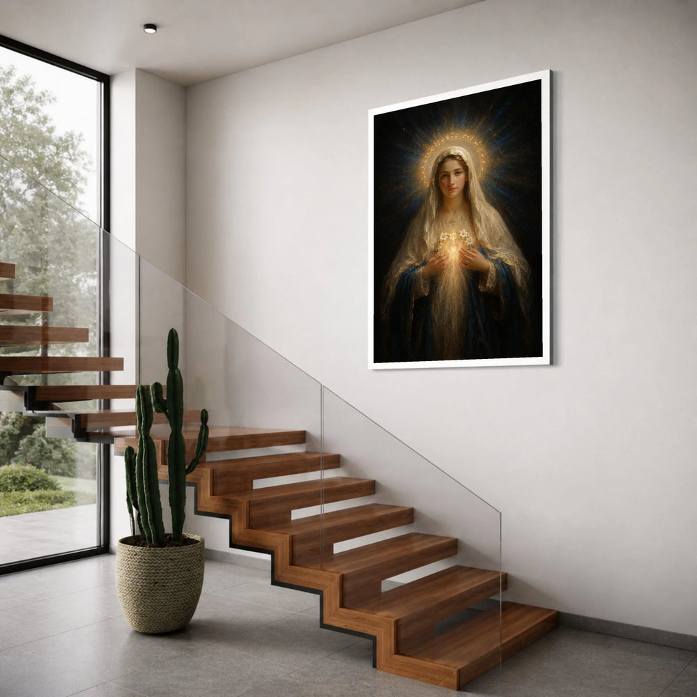 Radiant Virgin Mary Canvas Wall Art, Sacred Heart Illustration, Spiritual Religious Decor, Divine Halo Painting, Home Sanctuary Print Art